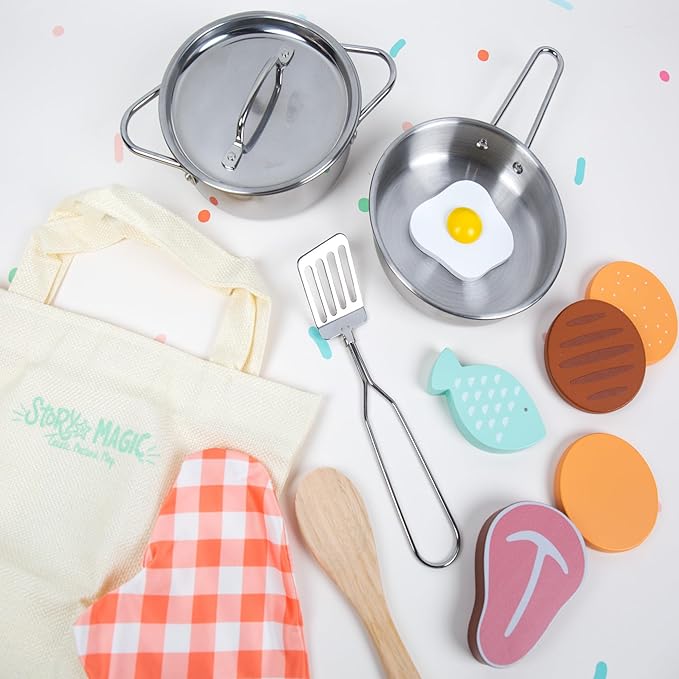 Story Magic Wooden Cooking Playset, 10+ Piece Wood Food & Stainless Steel Kids Cooking Pretend Play Kitchen Food Set, Toy Food for Kids Kitchen Set, Pretend Food, Toy Food for Toddlers & Kids Ages 4+