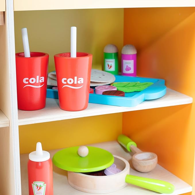 Taco Truck Wooden Playset, 30 Toy Pieces- Cook Top, Steering Wheel Sink Sticker Sheet for Kids Name- Food, Taco Shells, Cheese, Patties- Dual Sided Activity Play Stand Set for Indoor Fun, Ages 3+ Gift