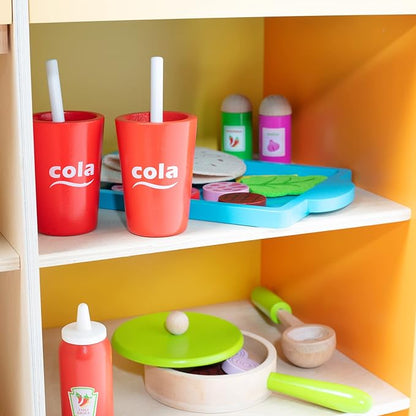 Taco Truck Wooden Playset, 30 Toy Pieces- Cook Top, Steering Wheel Sink Sticker Sheet for Kids Name- Food, Taco Shells, Cheese, Patties- Dual Sided Activity Play Stand Set for Indoor Fun, Ages 3+ Gift