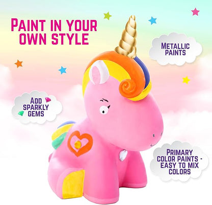 GirlZone Paint Your Own Unicorn Piggy Bank for Girls, Paint a Cute Unicorn with Cool Metallic Paints, Great Craft Kit for Kids and Fun Gift Idea