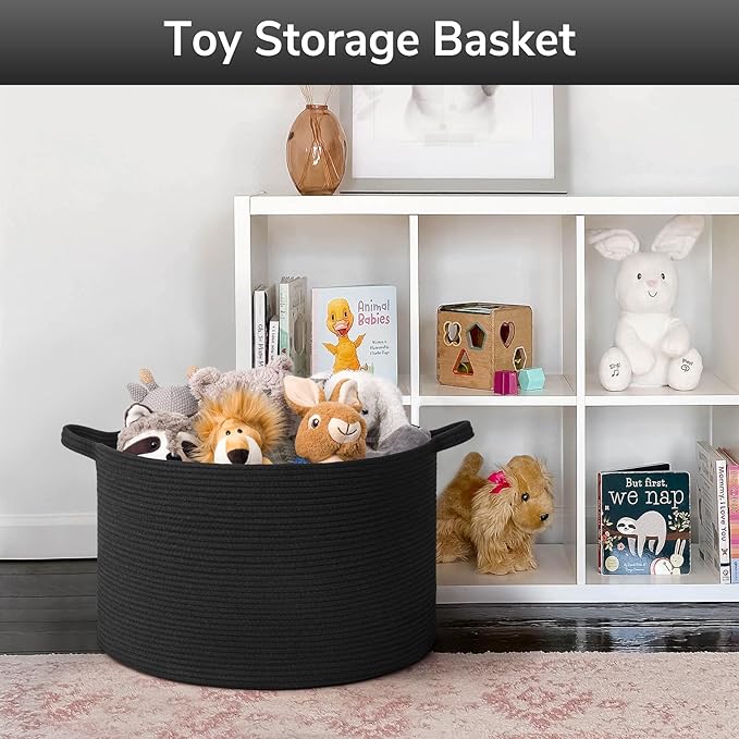Goodpick Blanket Basket 19.7'' x 12.6'', Woven Storage Baskets, Cotton Rope Toy Storage for Kids, Home Decor for Living Room, 65L Black