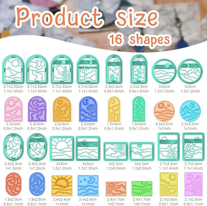 ACRNIGHEET Boho Clay Cutters - 16 Shapes Sun and Moon, Landscape Polymer Clay Cutters for Jewelry, Earring Making Kit With Storage Box
