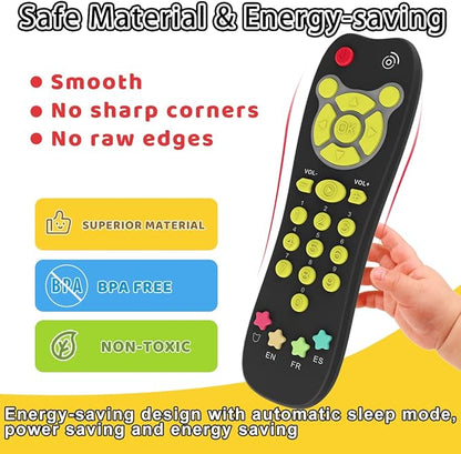 KALUYA Baby TV Remote Toy, Toddlers Remote Control Toy Kids Realistic Play Remote Early Educational Baby Musical Toys with Light and Sound English French Spanish for Infant Boys Girls 6 Month+, Black