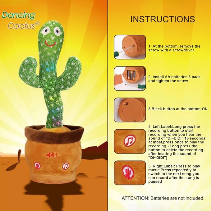 Dancing Talking Cactus Toy for Baby Boys Girls Toys, Adjustable Volume Dancing Cactus Toy Singing Mimicking Recording Repeating What You Say with LED English Sing Talking 15 Second Voice Recorder