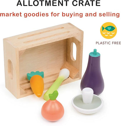 Mentari Toys - Allotment Crate - 6pc Wooden Crate with Vegetable Food Items - Market Pretend Play Toy Food - Play Kitchen Accessories - Imaginative Play Set for Toddlers and Kids - Age 3+