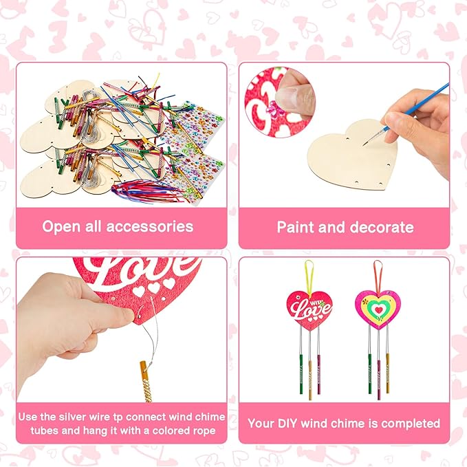 Fennoral 27 Pack Heart Wind Chime Kit for Kids Make You Own Love Wind Chimes DIY Colorful Valentine's Day Wooden Art and Craft for Kids Valentine's Day Party Decoration
