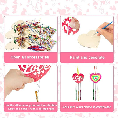 Fennoral 27 Pack Heart Wind Chime Kit for Kids Make You Own Love Wind Chimes DIY Colorful Valentine's Day Wooden Art and Craft for Kids Valentine's Day Party Decoration