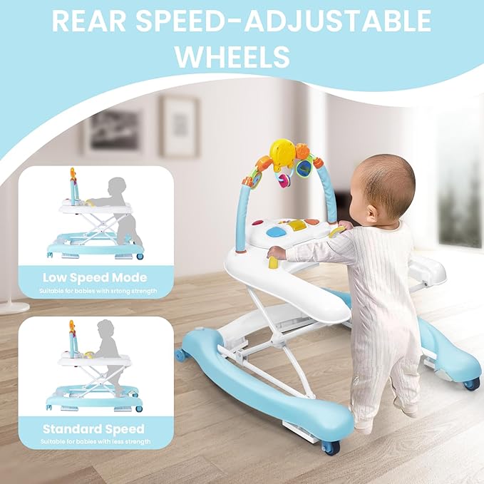 Boyro Baby Baby Walker, 5-in-1 Baby Walkers for Boys and Girls 6-12 Months with Bouncer, Removable Footrest, Feeding Tray & Music, Foldable & Adjustable Activity Walker for 6-18 Months Toddler Infant