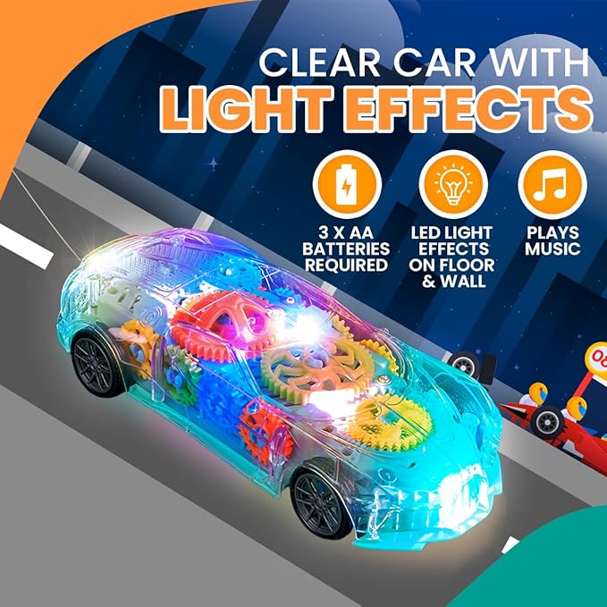 Playbees Light-Up Transparent Car with Remote Control, Toys for Autistic Kids Ages 3-5 Sensory Activity for Kids with Autism Special Needs Toys, Bump and Go Toys for Toddlers Music and LED Effects