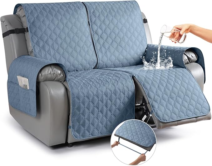 TAOCOCO 100% Waterproof Recliner Covers, Recliner Sofa Covers with Leg Straps, Reversible Recliner Couch Cover for Reclining Chair, Washable Couch Protector for Pets Kids(2 Seater, Sky Blue)