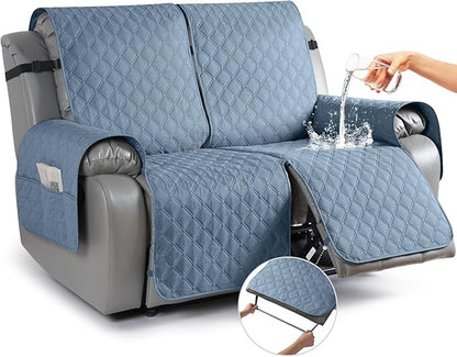 TAOCOCO 100% Waterproof Recliner Covers, Recliner Sofa Covers with Leg Straps, Reversible Recliner Couch Cover for Reclining Chair, Washable Couch Protector for Pets Kids(2 Seater, Sky Blue)