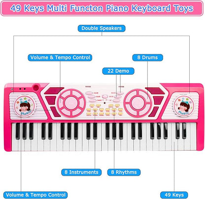 Toys for 3+ Year Old Girls Gift: 49 Keys Kids Piano Keyboard Multifunctional Educational Musical Instrument Toy with Microphone, Earphone, Dual Speakers, Birthday and Xmas Gifts for 3+ Girls Toys