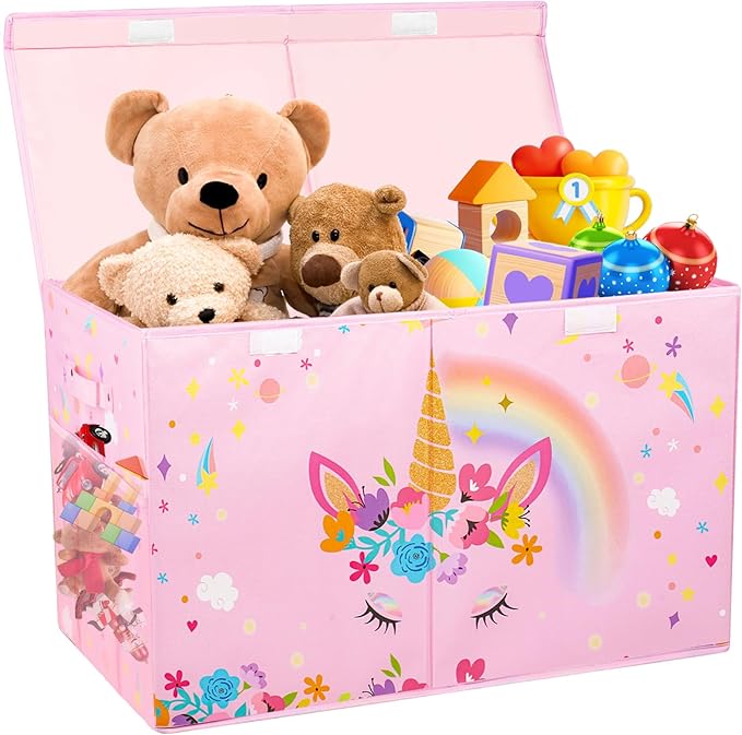 Mabahoo Large Toy Box, Collapsible Sturdy Kids Storage Organizer for Boys Girls, 25"x13"x16" Storage Box with Lids, Toy Chest Bins Basket for Living Room, Playroom, Nursery, Pink
