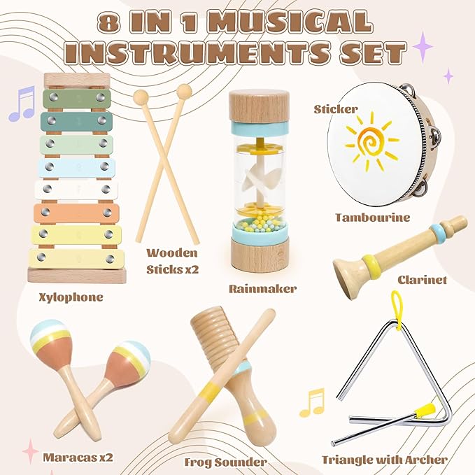 Musical Instruments for Toddlers 1-3, Wooden Montessori Musical Toys Set for Baby 1 Year Old with Boho Xylophone/Drum, Kids Preschool Educational Christmas Birthday Gifts for Girl Boy