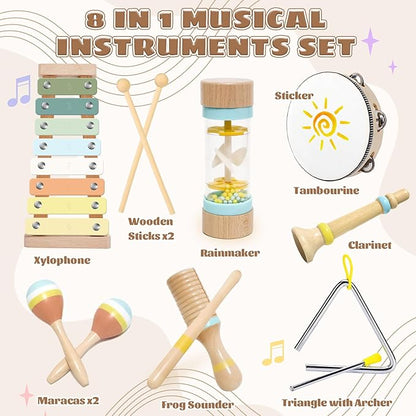 Musical Instruments for Toddlers 1-3, Wooden Montessori Musical Toys Set for Baby 1 Year Old with Boho Xylophone/Drum, Kids Preschool Educational Christmas Birthday Gifts for Girl Boy