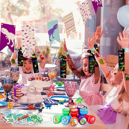 120Pcs Dinosaur Party Favors Dinosaur Birthday Party Supplies Dinosaur Stamps Slap Bracelets Keychains Rings Stickers Temporary Tattoos Bookmarks for Kids Dinosaur Pinata Bags Fillers Classroom Prizes