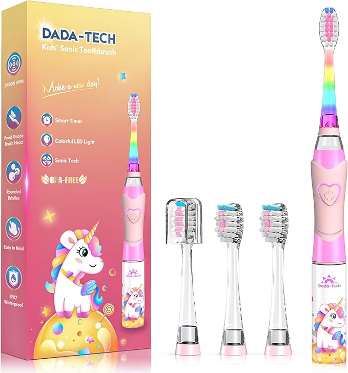 Kids Electric Toothbrush Toddler Toothbrush Age 2-4-8-12 Electric Toothbrush Kids with Timer Rainbow LED Light Up Vibrating Toothbrush Battery Operated Childrens Sonic Tooth Brush (Pink Unicorn)