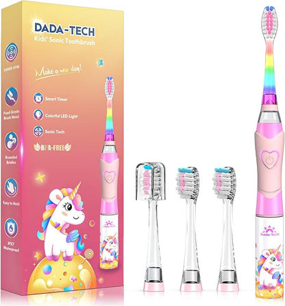 Kids Electric Toothbrush Toddler Toothbrush Age 2-4-8-12 Electric Toothbrush Kids with Timer Rainbow LED Light Up Vibrating Toothbrush Battery Operated Childrens Sonic Tooth Brush (Pink Unicorn)