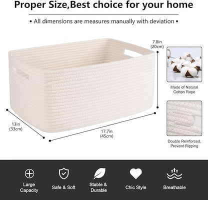 OIASKET Large Storage Basket for Organizing, Woven Rope Basket for Shelves, Closet Organizer Bins for Clothes, Blanket, Toys, Baby Nursery Storage, 17.7" x 13" x 7.87", 2 Packs White