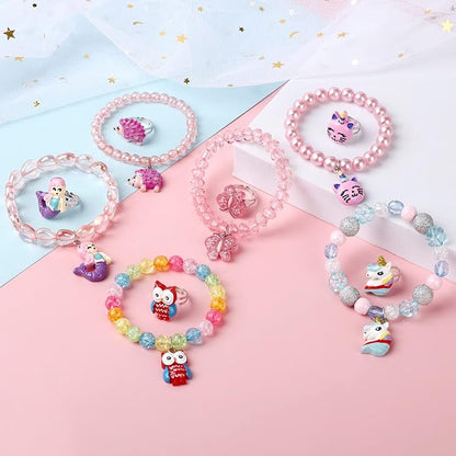 Mermaid Unicorn Bracelet Ring Set Girls Butterfly Bracelets Little Girls Ring Set Toddler Girls Jewerly Bracelets and Rings for Birthday Party Favors-12Pcs