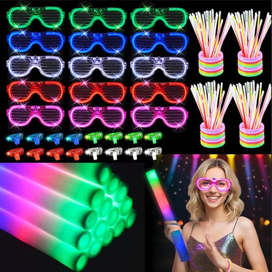 148 PCS Glow in the Dark Party Supplies 12 PCS Foam Glow Sticks 12 PCS LED Glasses 24 PCS Finger Lights 100 PCS Glow Sticks Bracelets Neon Glow Party Favors Christmas Wedding Birthday Concert New Year