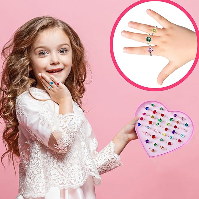 Little Girl Jewel Rings, Adjustable Pink Rings Girls Kids Pretend Play and Dress up Jewelry Set, Cute Rings with Display Case Party Favors Toys Gifts