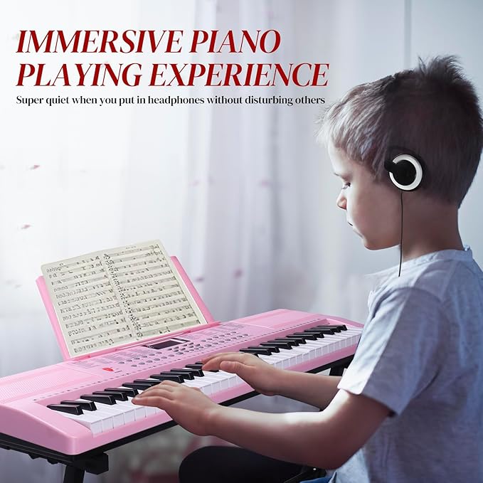 Ktaxon 61 Key Keyboard Piano Electric Keyboard w/Lighted Keys, Electric Piano Set with Headphones, Microphone, Music Rest, Power Adapter, Stand, Piano Bench and Manual (Full-Pink)