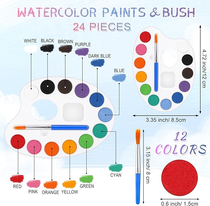 Aodaer 96 Pieces Mini Watercolor Paint Set Include 12 Colors 4 x 4 Inch Watercolor Paints, Wooden Canvas Easels, Canvas Tote Bags, Aprons, Back to School Art Beginner Supplies for Painting