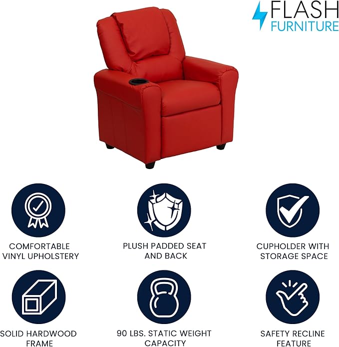 Flash Furniture Vana Vinyl Kids Recliner with Cup Holder, Headrest, and Safety Recline, Contemporary Reclining Chair for Kids, Supports up to 90 lbs., Red