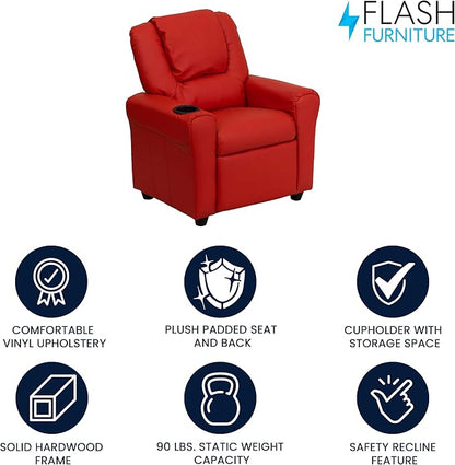 Flash Furniture Vana Vinyl Kids Recliner with Cup Holder, Headrest, and Safety Recline, Contemporary Reclining Chair for Kids, Supports up to 90 lbs., Red