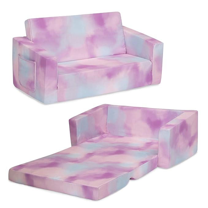Delta Children Cozee 2-in-1 Extra Wide Convertible Sofa to Lounger-Comfy Flip Open Couch/Sleeper for Kids, Pink Tie Dye