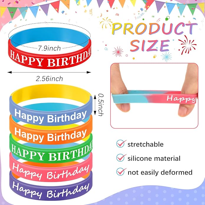 Sratte 120 Pcs Happy Birthday Rubber Bracelets for Kids Stretch Wristbands Bulk Birthday Bracelets for Classroom Student Back to School Gift Teacher Birthday Party Favors Supplies