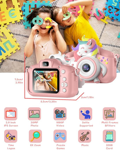Kids Camera for 3-8 Years Old Toddlers Childrens Boys Girls Selfie Camera 20.0 MP HD 1080P IPS Screen Dual Digital Toy Camera for Kids Christmas Birthday Gifts