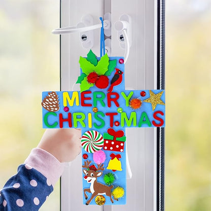 Winlyn 24 Sets Christmas Craft Kits DIY Christmas Cross Ornaments Decorations Art Sets Snowman Snowflake Christmas Foam Stickers Arts and Crafts for Kids Party Classroom Sunday School VBS Activities
