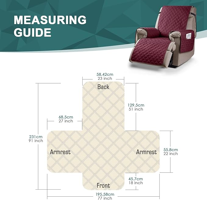 Ruaozz 100% Waterproof Recliner Chair Cover Non-Slip Reclining Cover for Recliner Chair Washable Chair Seat Cover with Elastic Straps for Kids, Dogs, Pets (Wine, 23'')