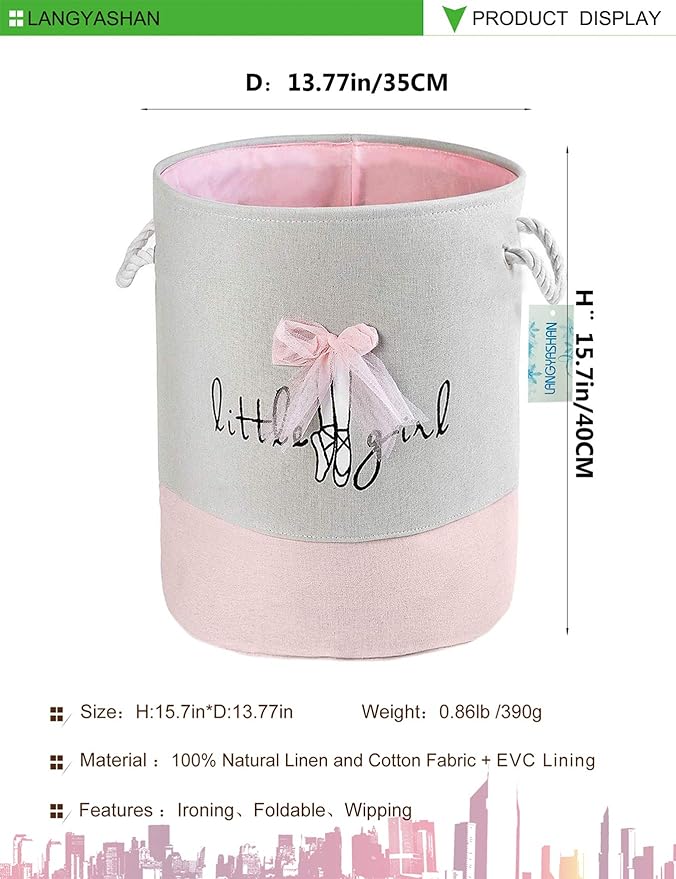LANGYASHAN Laundry Basket Canvas Collapsible Organizer Storage Basket for Boys Girls Laundry Hamper Toy Bins Gift Baskets Bedroom Clothes Children Nursery (Pink Lace)