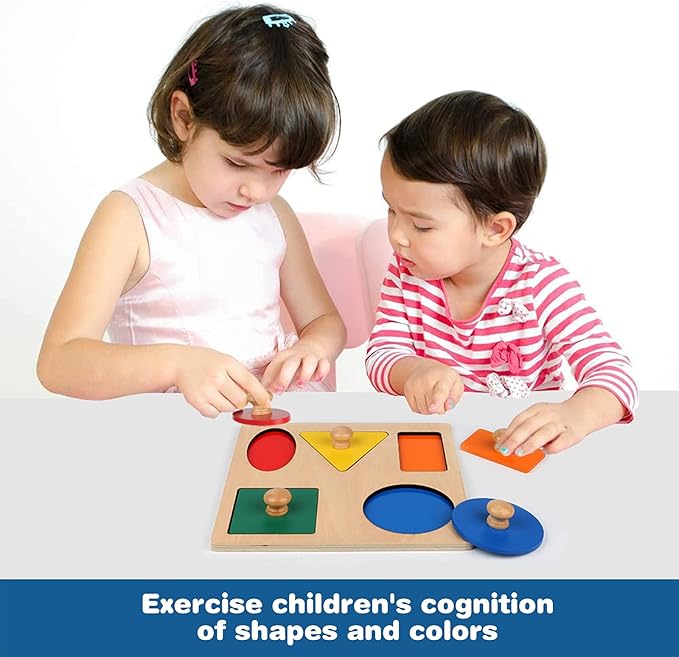 Montessori Wooden Puzzle Board Knob Wooden Puzzle Geometric Shape Puzzle Early Education Material Sensorial Toy for Toddler Shape & Color Sorter (5 Geometry Shape)