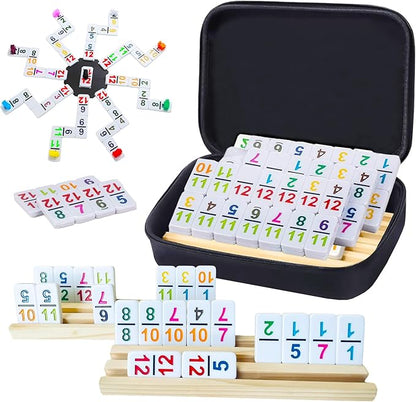 4 Player Games, Mexican Train Dominoes Set with Numbers, 4 Wooden Racks, 91 Tiles, Portable Case, D12 Dominos Set for Adults, Board Game for Adults, Easter Basket Stuffers, Easter Gifts for Men Women