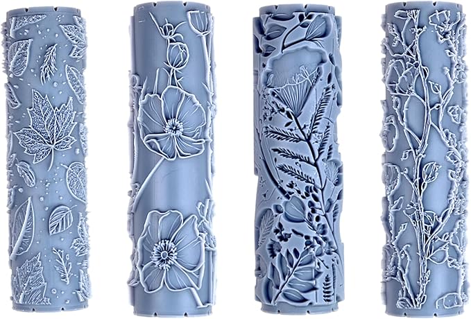 Floral Foliage Collection 4-Pack Clay Texture Rollers (4") - Seamless Meadow Set #01 - Embossing Pattern Rollers for Polymer & Ceramic Clay, Pottery & Crafts