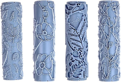 Floral Foliage Collection 4-Pack Clay Texture Rollers (4") - Seamless Meadow Set #01 - Embossing Pattern Rollers for Polymer & Ceramic Clay, Pottery & Crafts