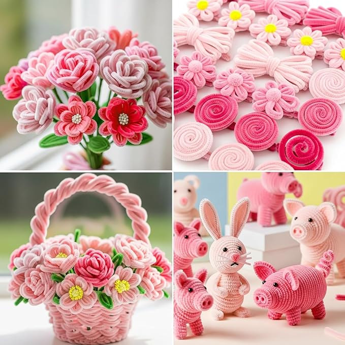 Caydo 200 Pieces Pink Pipe Cleaners for Easter Crafts and Decorations, Thickened Fluffy Chenille Stems Bulk for Kids Creative Arts & Craft Projects, Flowers Making