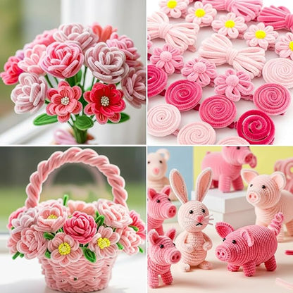 Caydo 200 Pieces Pink Pipe Cleaners for Easter Crafts and Decorations, Thickened Fluffy Chenille Stems Bulk for Kids Creative Arts & Craft Projects, Flowers Making