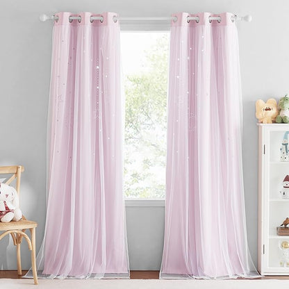NICETOWN Kids Blackout Curtains for Bedroom - Grommet Thermal Insulated Hollow-Out Moon Star Double Layer Curtains for Nursery Living Room, Set of 2 Panels, 34 x 84 Inch Long, Pink