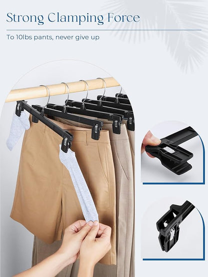 Smartor Space Saving Heavy Duty Hangers - 180 Pack, Slim Plastic Pants and Shorts Hangers, Ridged Non-Slip with Pinch Clips, 360-Rotating Chrome Swivel Hook, Black, 10 Inches
