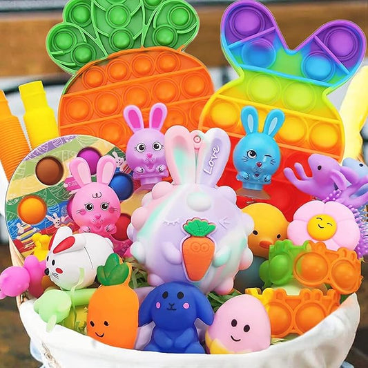 Easter Basket Stuffers - Premade Easter Baskets for Kids - 24 Pack Sensory Fidget Toys Set with Grass - Pop Gifts for Toddlers Teens Girls Boys