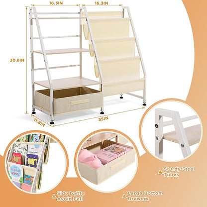 Kids Bookshelf and Toy Storage-Book Shelf for Kids Rooms，Toddler Bookshelf Baby Bookcase with 4 Sling Shelves & Fabric Toy Chest Toy Organizer for Playrooms, Bedrooms, Nursery