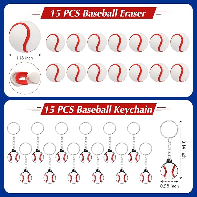 Aoriher Baseball Sport Party Favors for Kids, 15 Sets Sport Goodie Silicone Sport Bracelets Mini Stress Ball Keychain Temporary Tattoo Sticker Eraser for Sport Birthday Party Supplies Total 85 Pcs