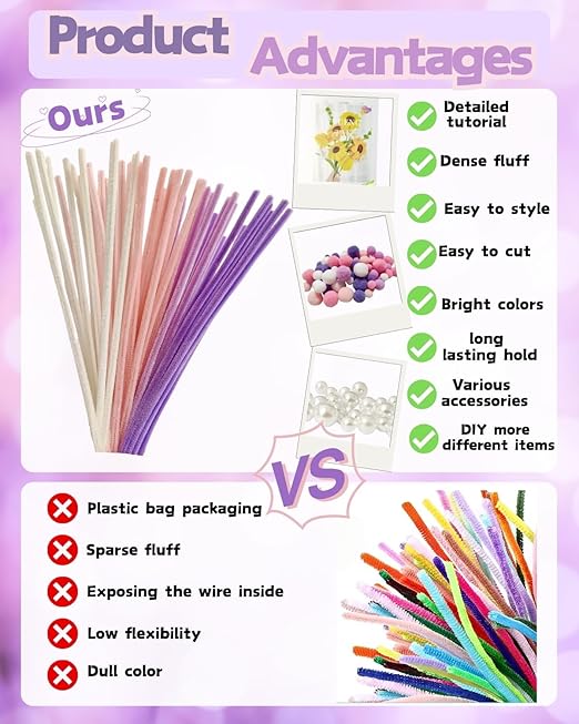 YYUENGTAK 500 Pcs Pink & Purple Pipe Cleaners Flower kit,Chenille Stems for DIY Art Projects Creative Gift,Pipe Cleaners Craft with tutoria,Pearls,Pompoms,Green Floral Wires,Gardening Tape,Stamen