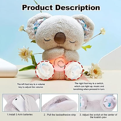 Relief Koala Breathing Stuffed Toy, Anxiety Relief Plush Breathing Animal, Sleeping Koala Plush Breathing with Musical Lights & Rhythmic Breathing Motion (E-Koala+Elephant)
