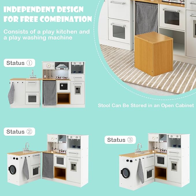 HONEY JOY Kids Kitchen Playset, 2-Piece Modular Wooden Corner Toy Kitchen Set/Washing Machine & Sink, Coffee Maker, Range Hood & Stove, Stool, Little Chef Pretend Play Kitchen for Toddlers, Natural